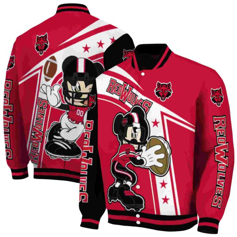 customized arkansas state red wolves mickey football scarlet white jacket fashion forward