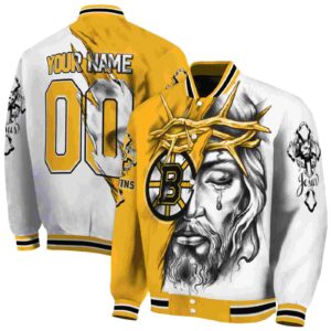 customized boston bruins jesus tears gold white jacket fashion forward