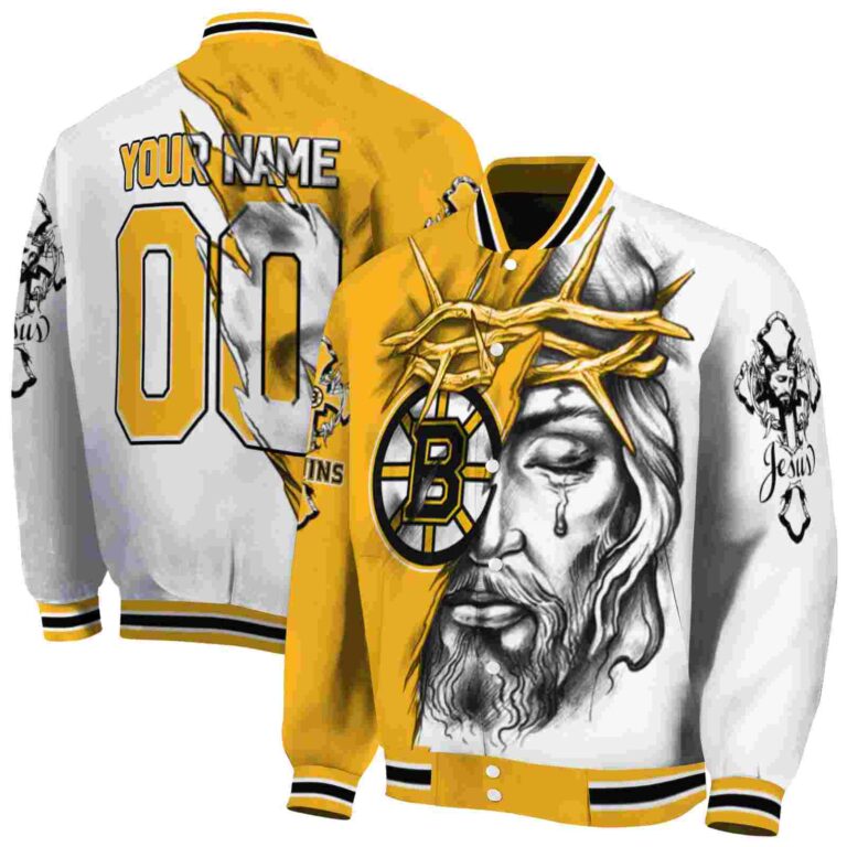 customized boston bruins jesus tears gold white jacket fashion forward