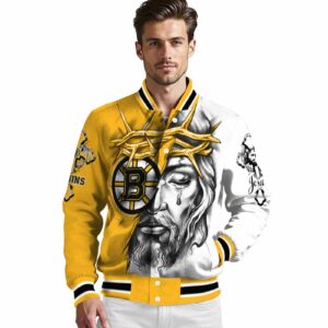 customized boston bruins jesus tears gold white jacket high quality
