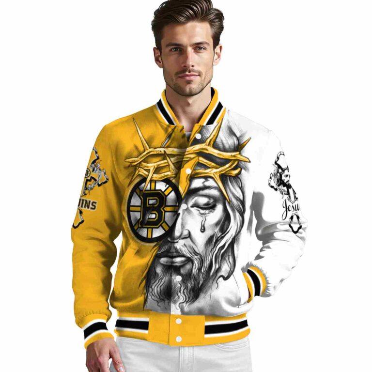 customized boston bruins jesus tears gold white jacket high quality
