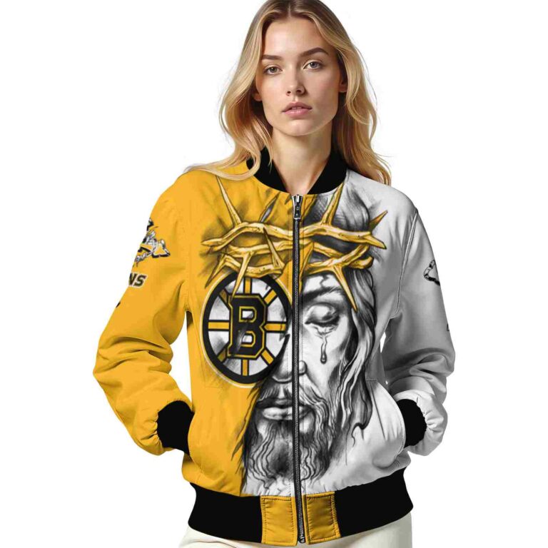 customized boston bruins jesus tears gold white jacket latest model