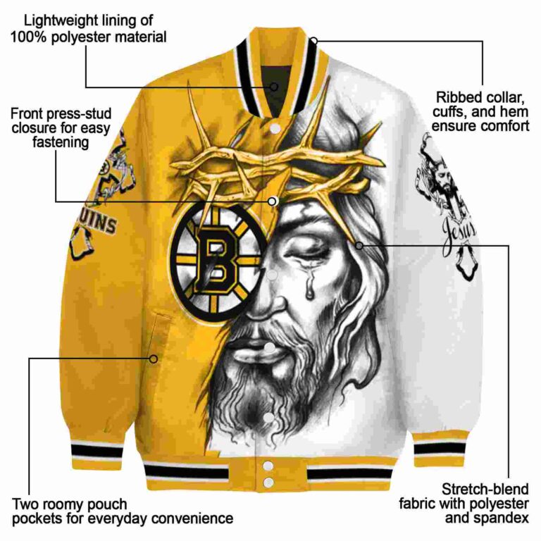 customized boston bruins jesus tears gold white jacket new arrival