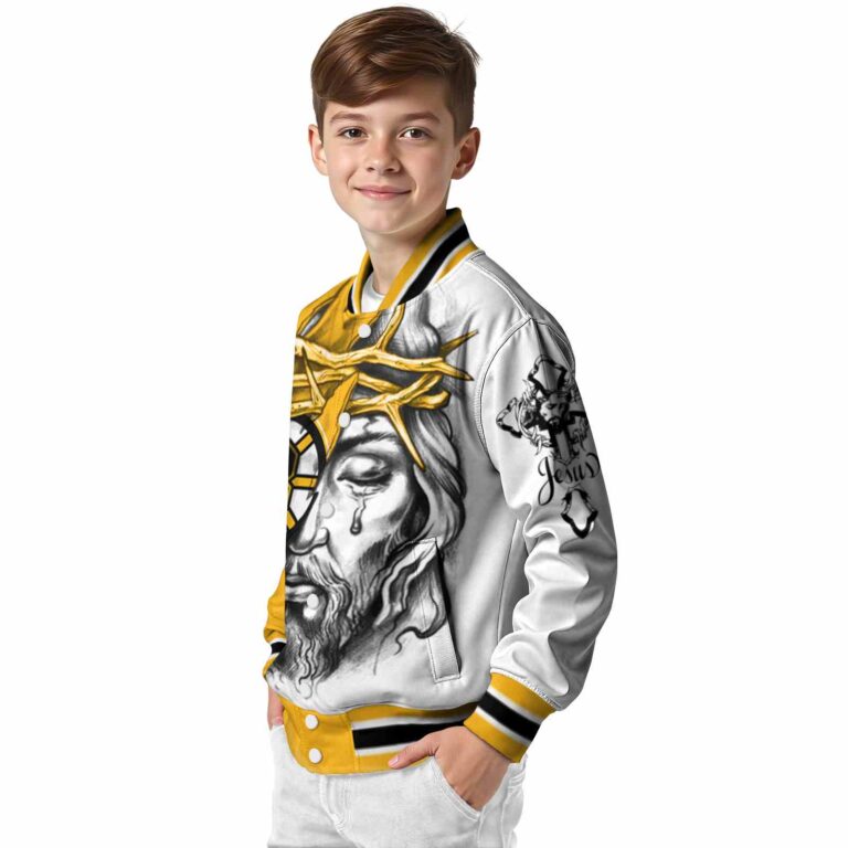 customized boston bruins jesus tears gold white jacket trendy
