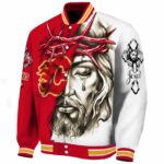 customized calgary flames jesus tears red white jacket best selling