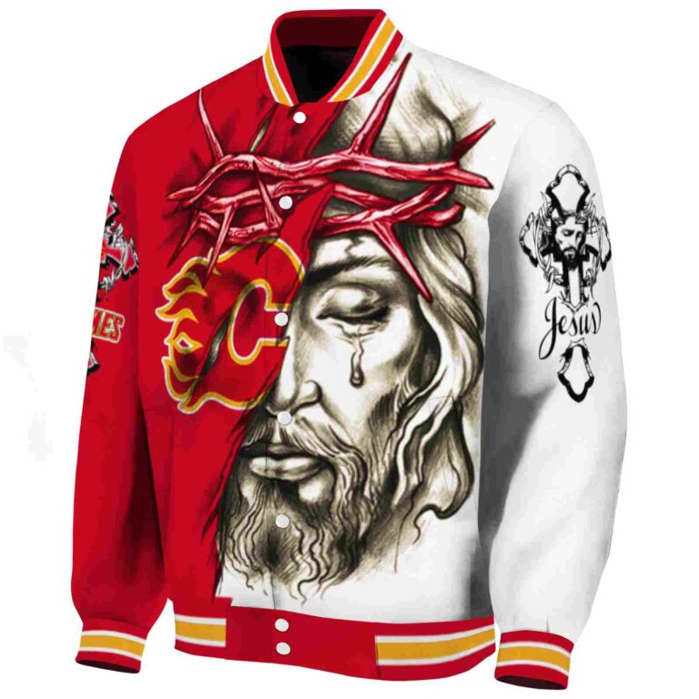 customized calgary flames jesus tears red white jacket best selling