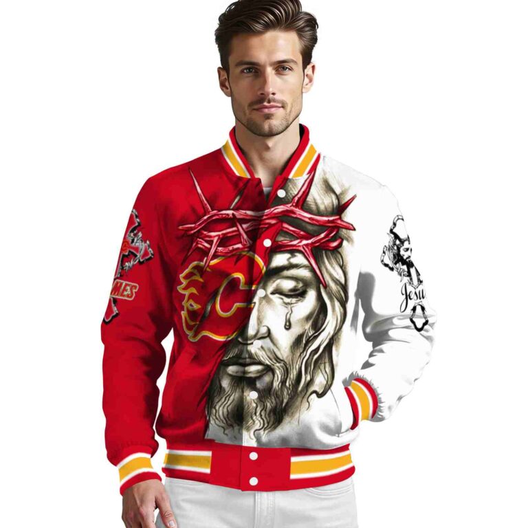 customized calgary flames jesus tears red white jacket high quality