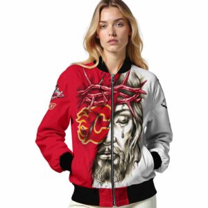 customized calgary flames jesus tears red white jacket latest model