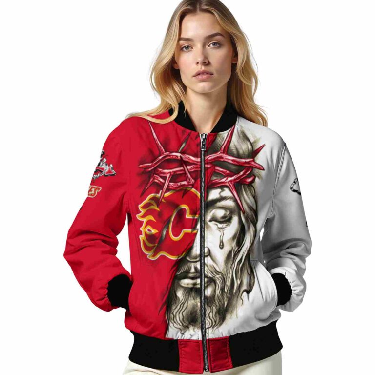 customized calgary flames jesus tears red white jacket latest model