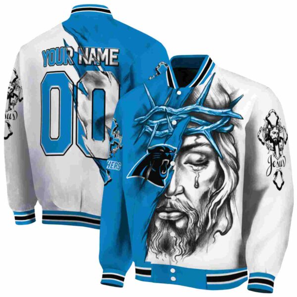 customized carolina panthers jesus tears blue white jacket fashion forward