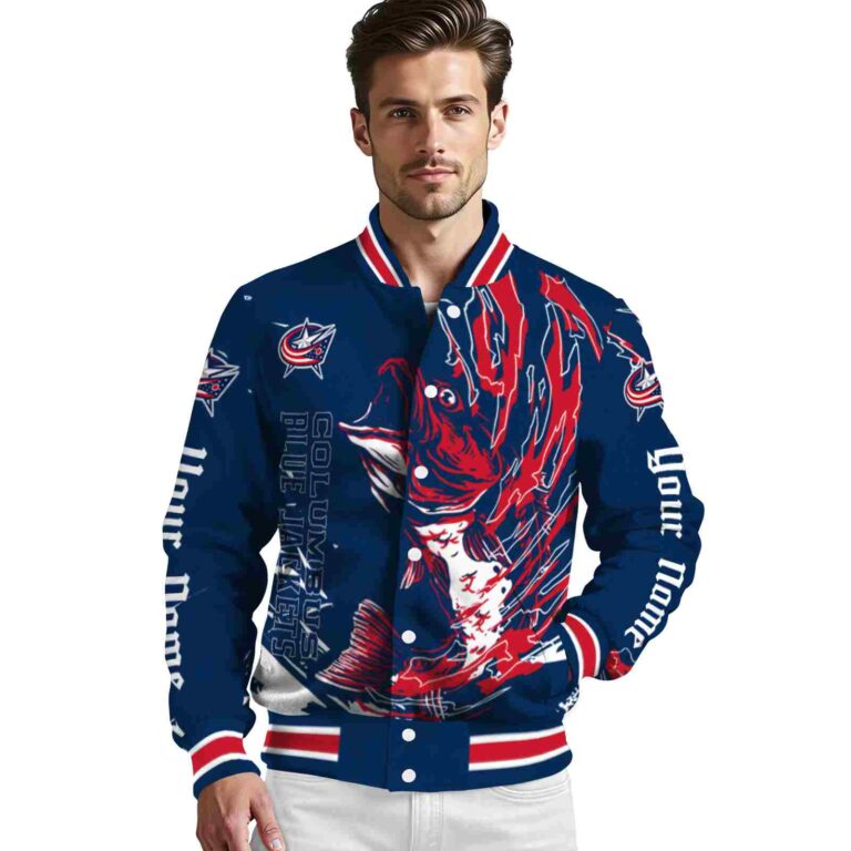 customized columbus blue jackets fishing passion navy blue white jacket high quality