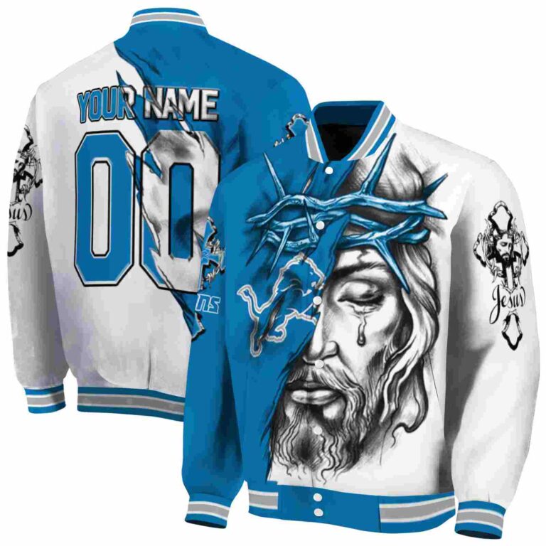 customized detroit lions jesus tears blue white jacket fashion forward