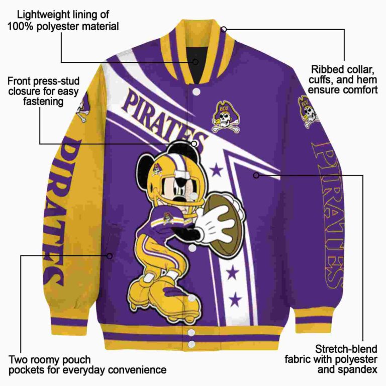 customized east carolina pirates mickey football purple white jacket new arrival