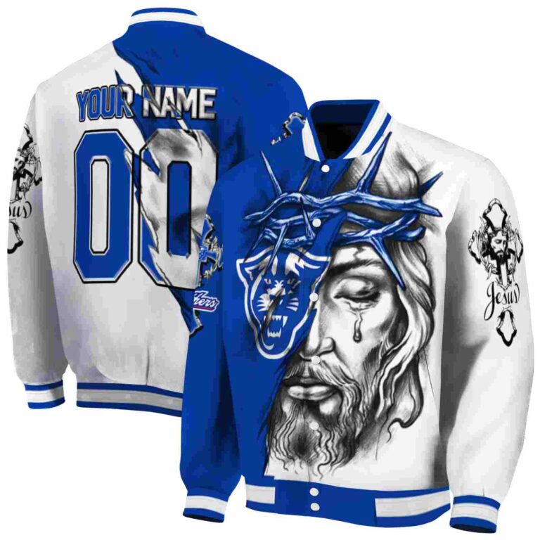 customized georgia state panthers jesus tears blue white jacket fashion forward