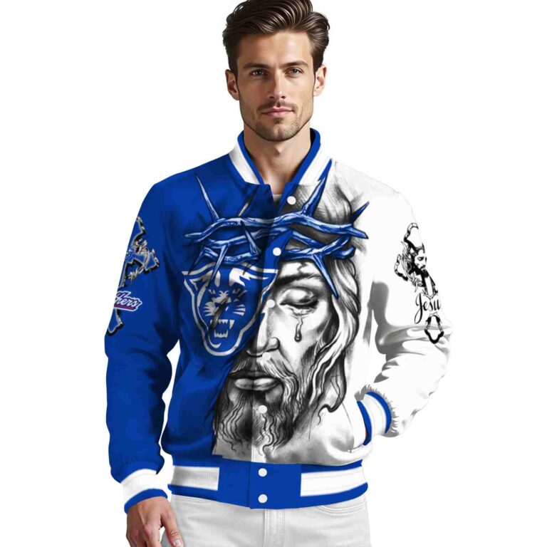 customized georgia state panthers jesus tears blue white jacket high quality