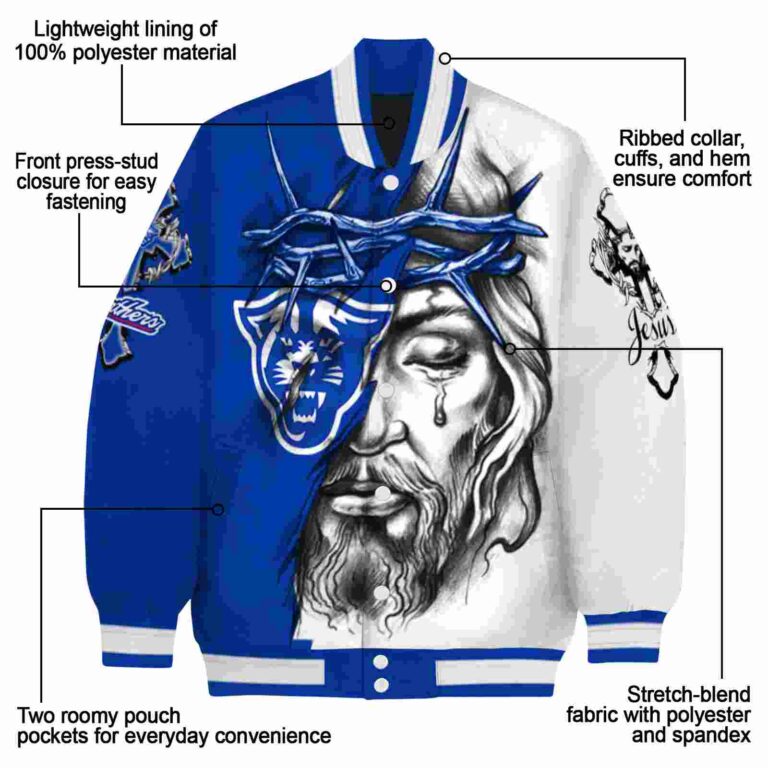 customized georgia state panthers jesus tears blue white jacket new arrival