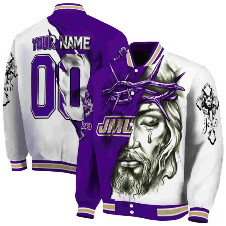 customized james madison dukes jesus tears purple white jacket fashion forward