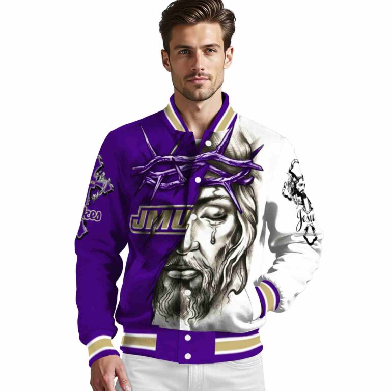 customized james madison dukes jesus tears purple white jacket high quality