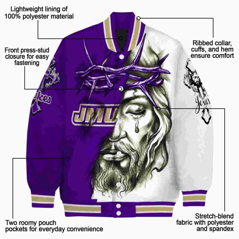 customized james madison dukes jesus tears purple white jacket new arrival