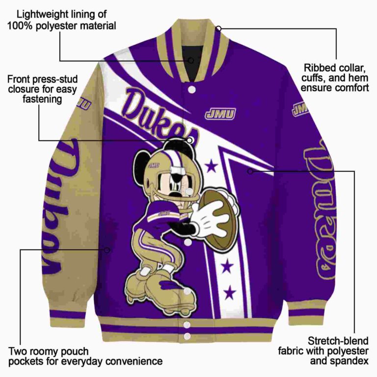 customized james madison dukes mickey football purple white jacket new arrival