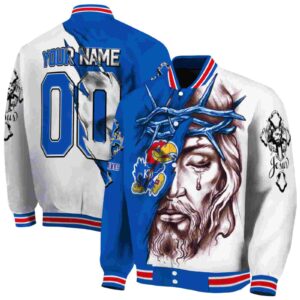 customized kansas jayhawks jesus tears blue white jacket fashion forward