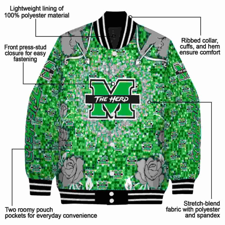 customized marshall thundering herd heart explosion green jacket new arrival