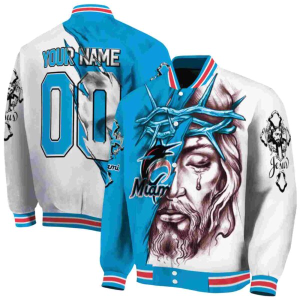customized miami marlins jesus tears blue white jacket fashion forward