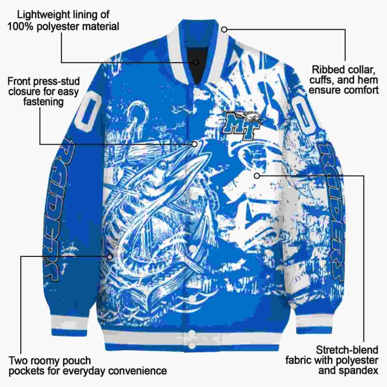 customized middle tennessee blue raiders fishing art blue jacket new arrival