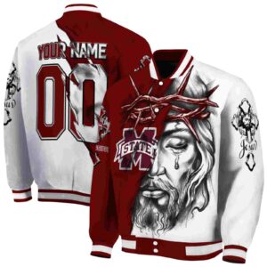 customized mississippi state bulldogs jesus tears maroon white jacket fashion forward