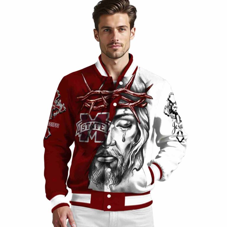 customized mississippi state bulldogs jesus tears maroon white jacket high quality