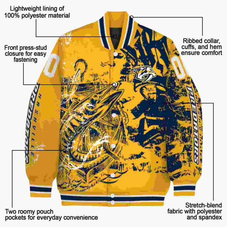 customized nashville predators fishing art gold jacket new arrival