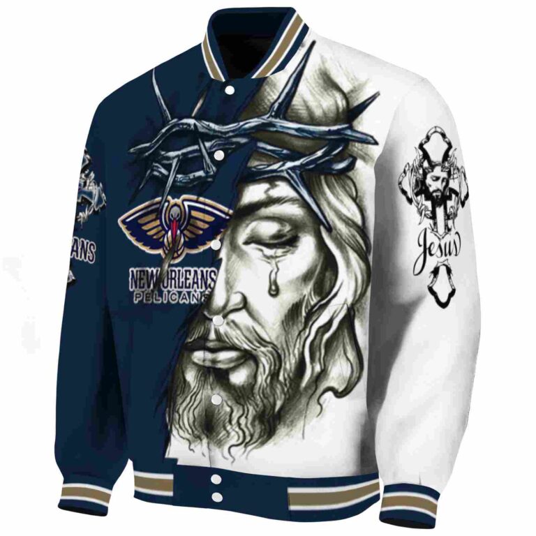 customized new orleans pelicans jesus tears navy white jacket best selling