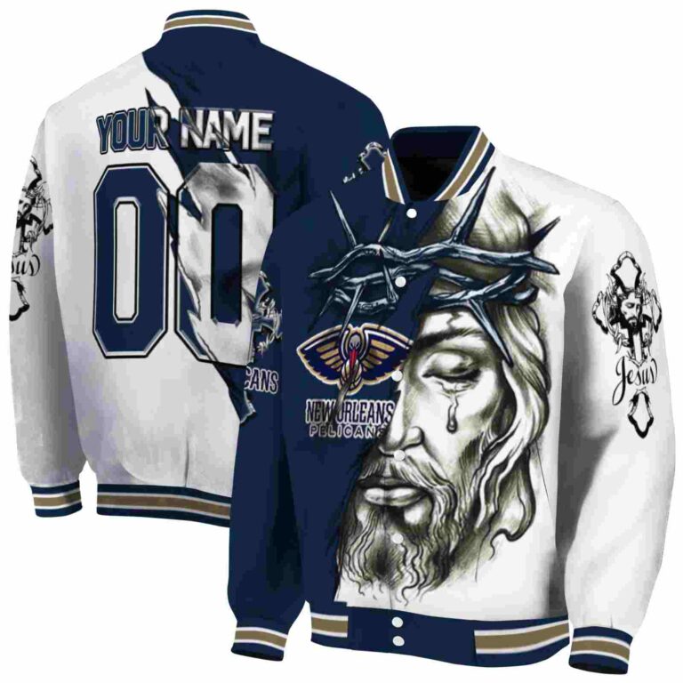 customized new orleans pelicans jesus tears navy white jacket fashion forward