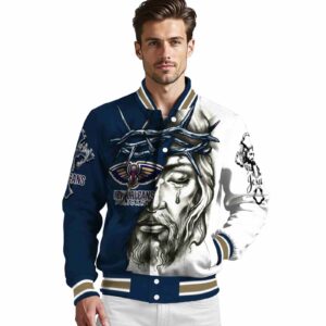 customized new orleans pelicans jesus tears navy white jacket high quality