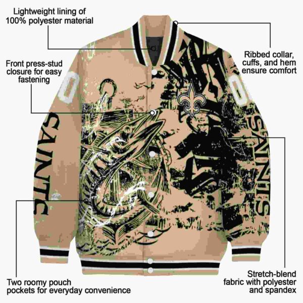 customized new orleans saints fishing art gold jacket new arrival
