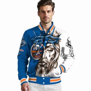 customized new york islanders jesus tears blue white jacket high quality