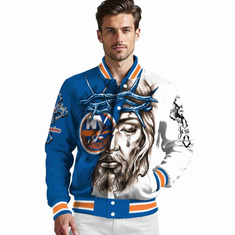 customized new york islanders jesus tears blue white jacket high quality