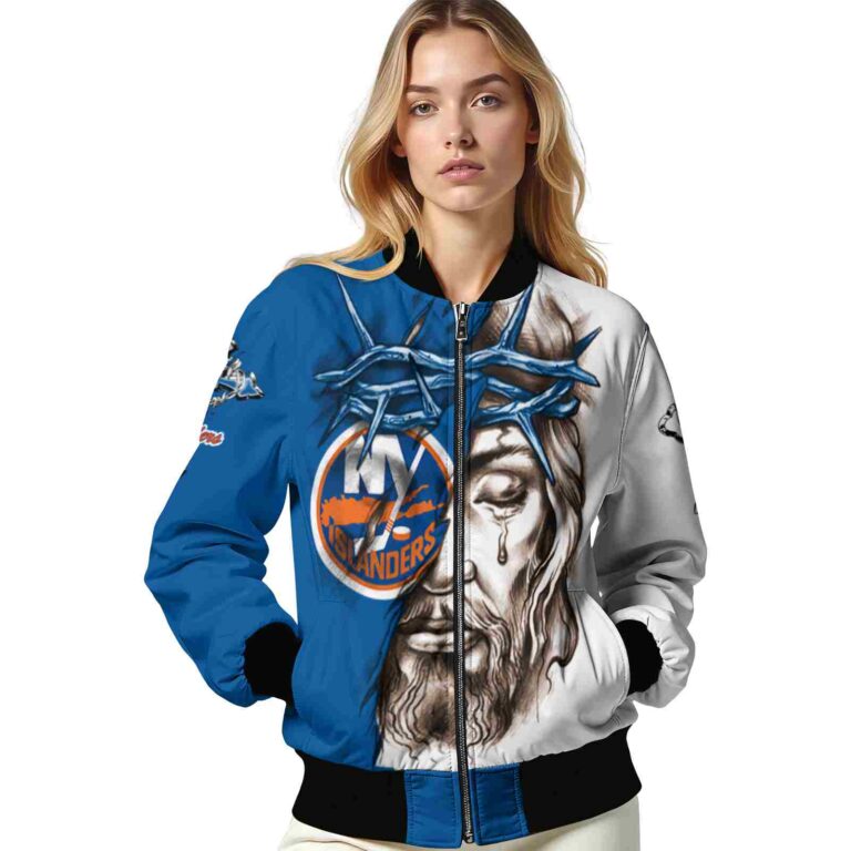 customized new york islanders jesus tears blue white jacket latest model