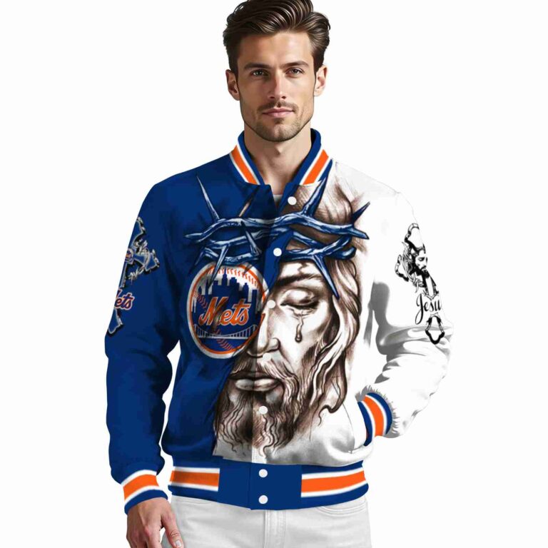 customized new york mets jesus tears blue white jacket high quality