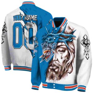 customized oklahoma city thunder jesus tears blue white jacket fashion forward