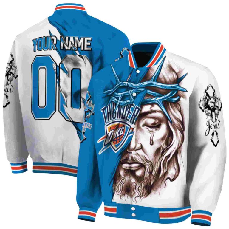 customized oklahoma city thunder jesus tears blue white jacket fashion forward