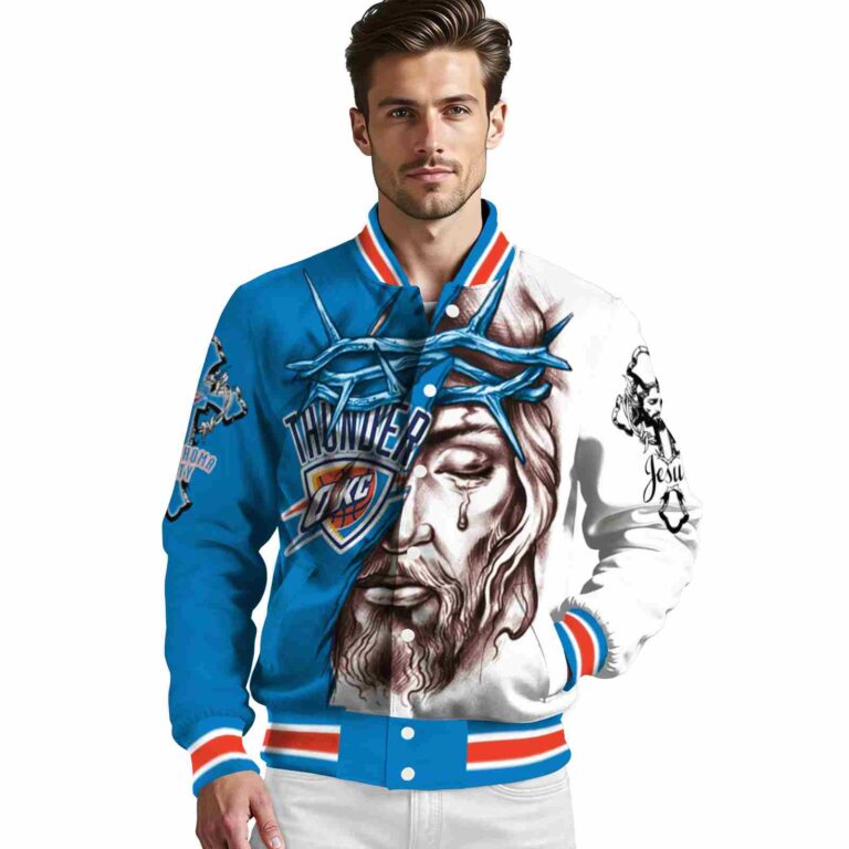 customized oklahoma city thunder jesus tears blue white jacket high quality