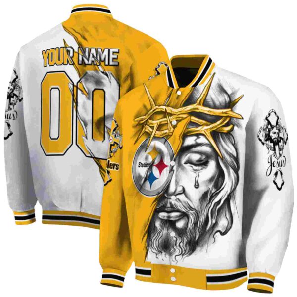 customized pittsburgh steelers jesus tears gold white jacket fashion forward