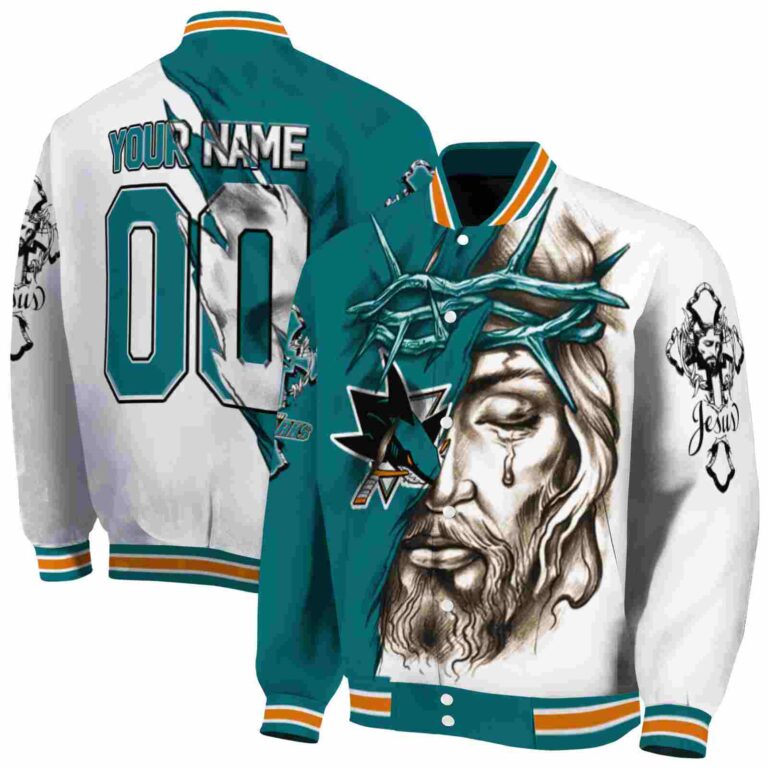 customized san jose sharks jesus tears teal white jacket fashion forward