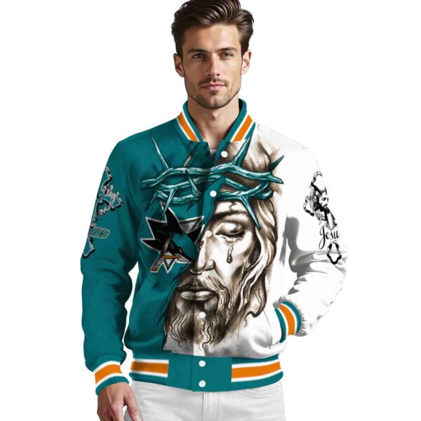 customized san jose sharks jesus tears teal white jacket high quality