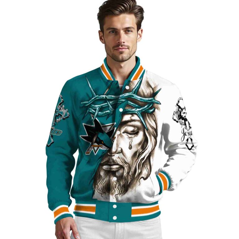 customized san jose sharks jesus tears teal white jacket high quality