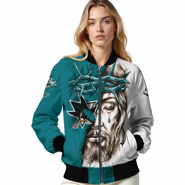 customized san jose sharks jesus tears teal white jacket latest model