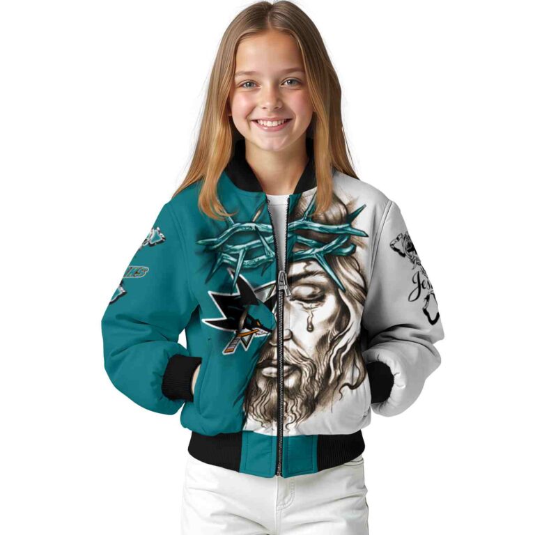 customized san jose sharks jesus tears teal white jacket top rated