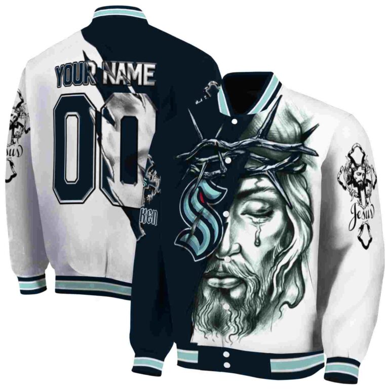 customized seattle kraken jesus tears blue white jacket fashion forward