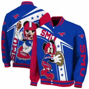 customized smu mustangs mickey football blue white jacket fashion forward